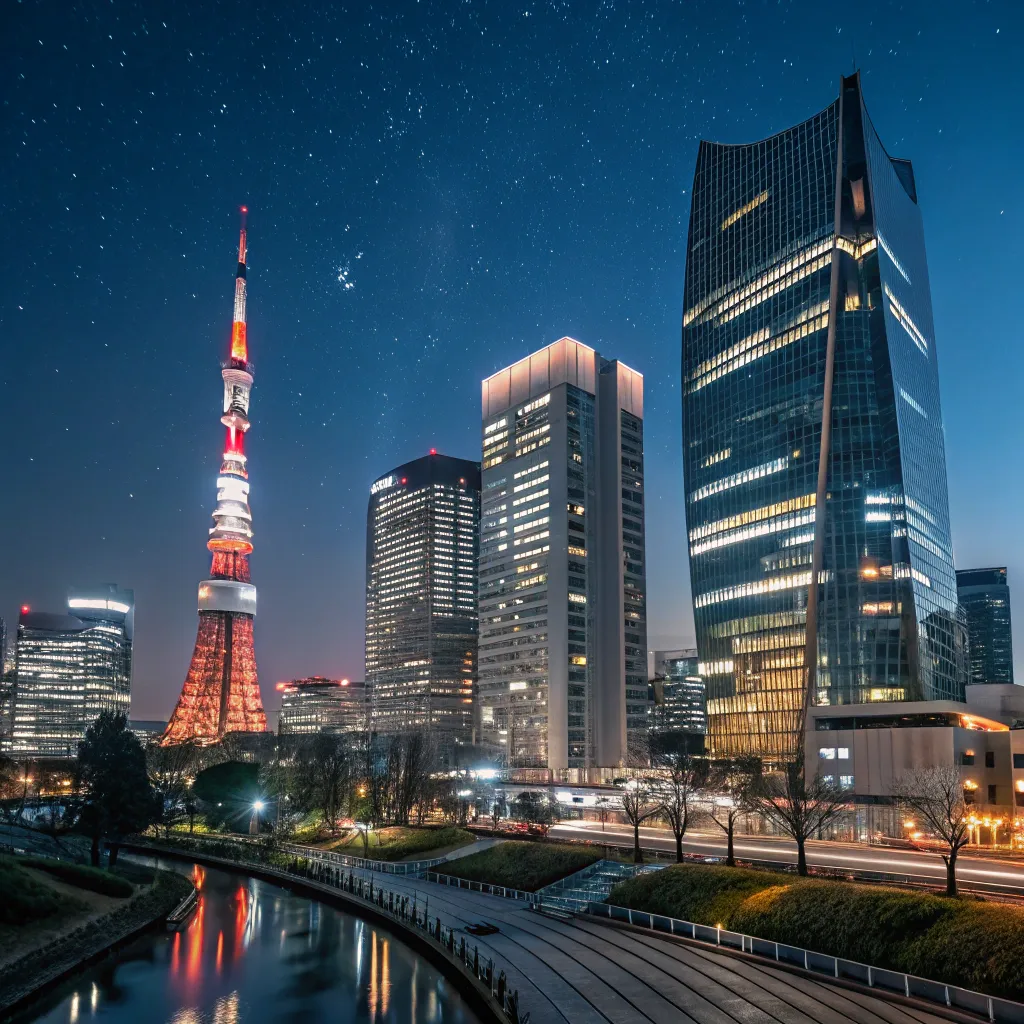 Tokyo skyline with modern architecture at night